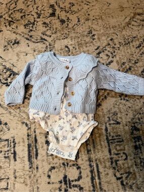 Light Blue Knit Baby Cardigan with Floral Bodysuit